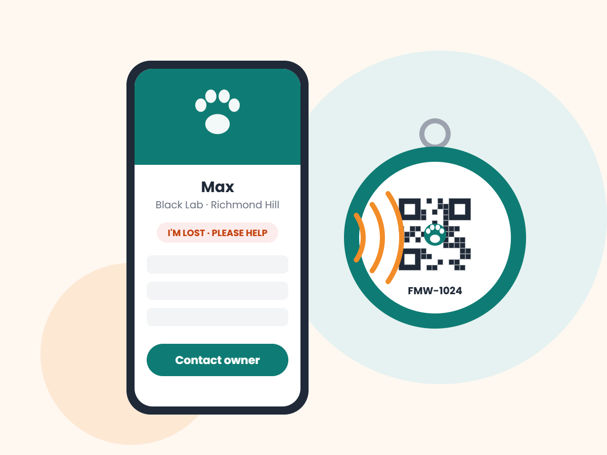 A phone showing a FindMyWag pet profile next to a smart tag